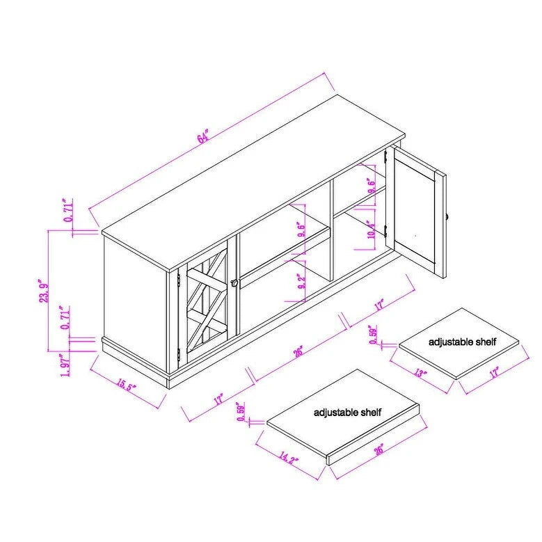 Meuble TV de bureau en bois foncé vieilli, 162,5 cm (64 po) de large, pour téléviseurs jusqu'à 178 cm (70 po) de diagonale.