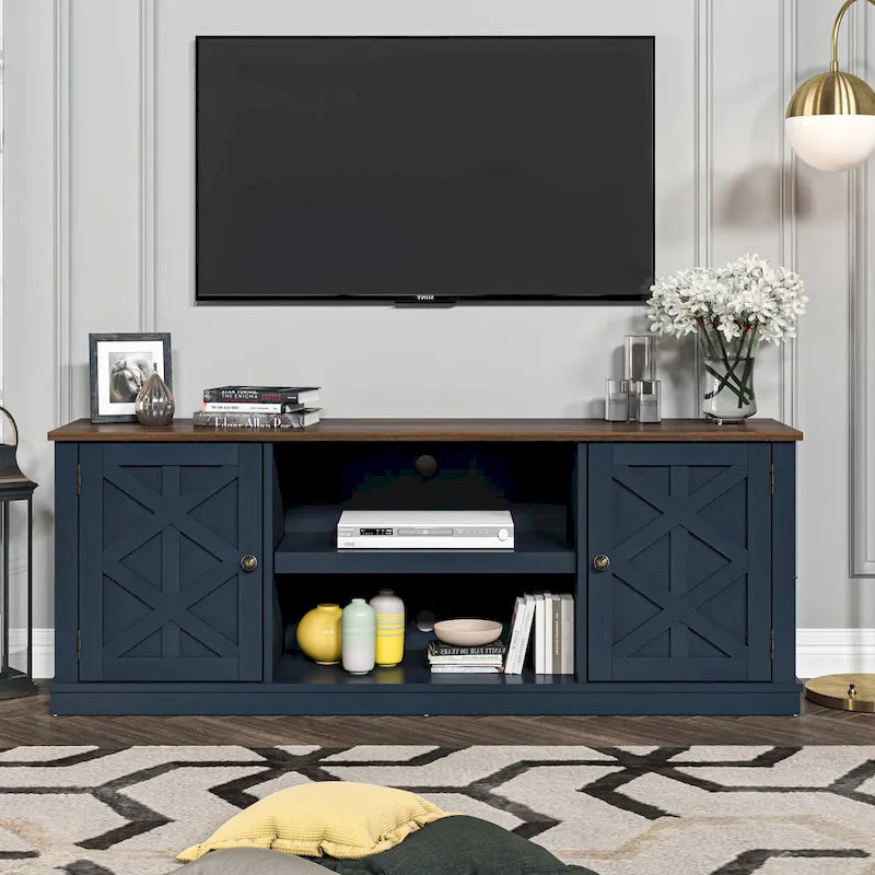 Meuble TV de bureau en bois foncé vieilli, 162,5 cm (64 po) de large, pour téléviseurs jusqu'à 178 cm (70 po) de diagonale.