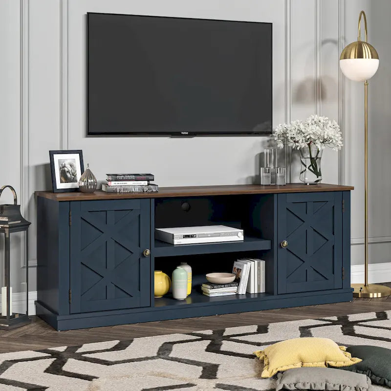 Meuble TV de bureau en bois foncé vieilli, 162,5 cm (64 po) de large, pour téléviseurs jusqu'à 178 cm (70 po) de diagonale.