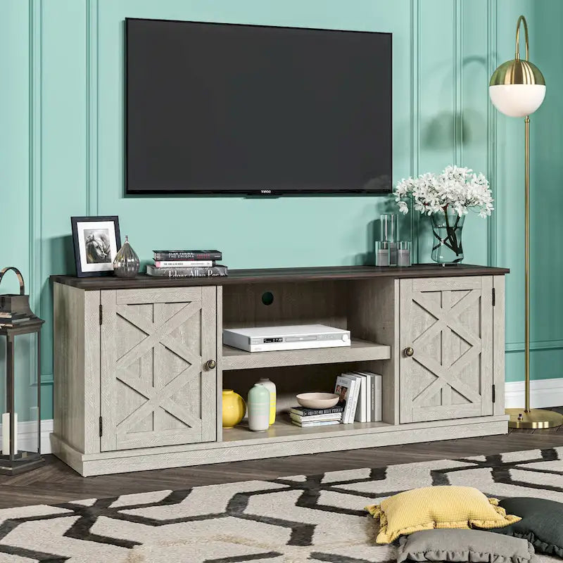 Meuble TV de bureau en bois foncé vieilli, 162,5 cm (64 po) de large, pour téléviseurs jusqu'à 178 cm (70 po) de diagonale.