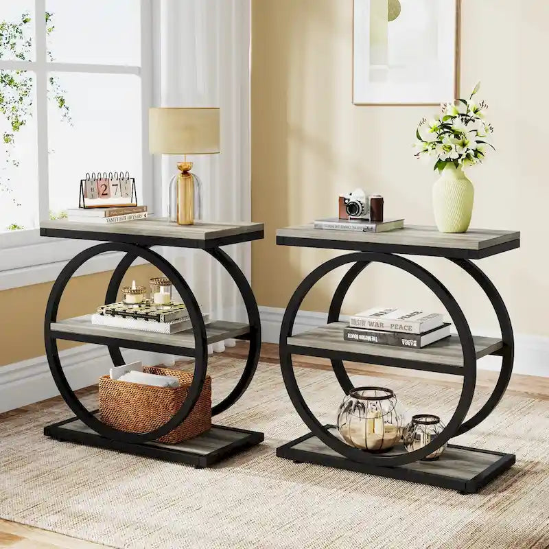 Table d'appoint étroite en bois avec 3 étagères de rangement