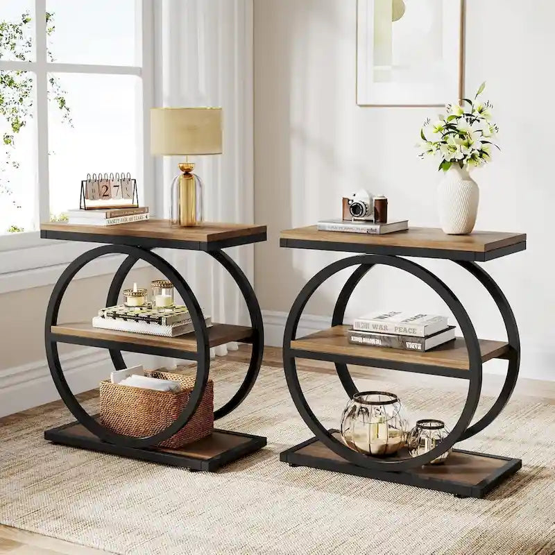 Table d'appoint étroite en bois avec 3 étagères de rangement