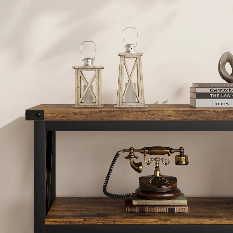 Console étroite et longue avec rangement, table basse en bois à 3 niveaux