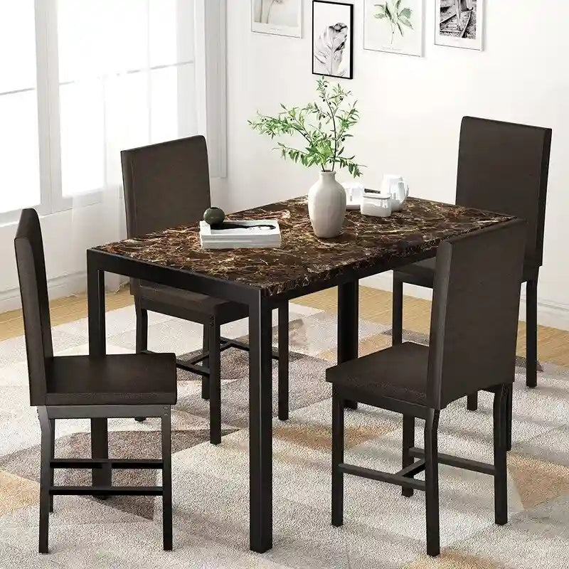 Ensemble de salle à manger de cuisine moderne 5 pièces en faux marbre avec 4 chaises en cuir PU rembourrées