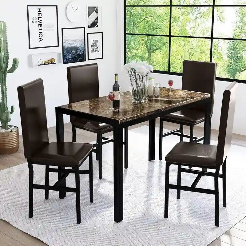 Ensemble de salle à manger de cuisine moderne 5 pièces en faux marbre avec 4 chaises en cuir PU rembourrées