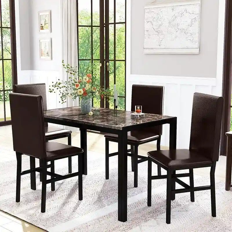 Ensemble de salle à manger de cuisine moderne 5 pièces en faux marbre avec 4 chaises en cuir PU rembourrées