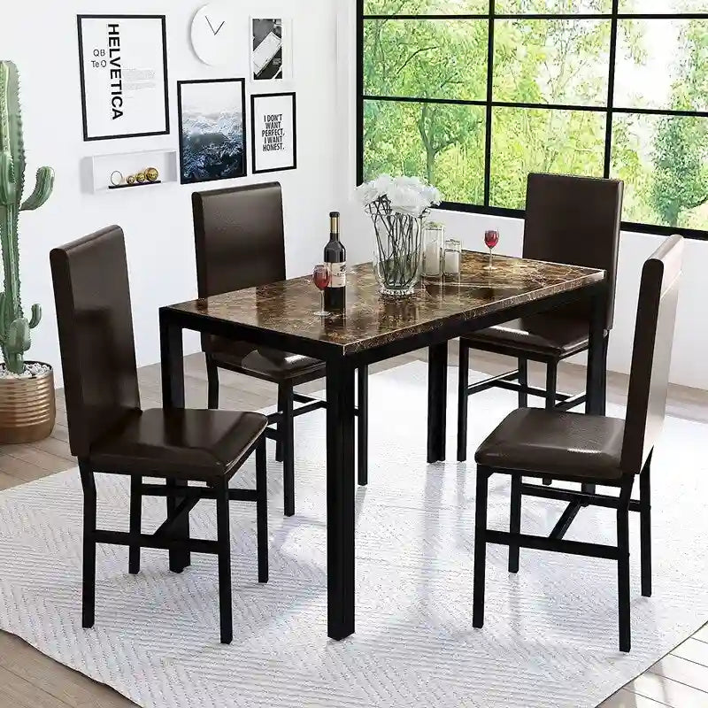 Ensemble de salle à manger de cuisine moderne 5 pièces en faux marbre avec 4 chaises en cuir PU rembourrées