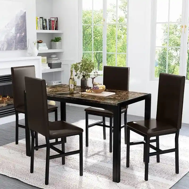 Ensemble de salle à manger de cuisine moderne 5 pièces en faux marbre avec 4 chaises en cuir PU rembourrées