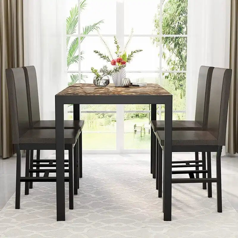 Ensemble de salle à manger de cuisine moderne 5 pièces en faux marbre avec 4 chaises en cuir PU rembourrées