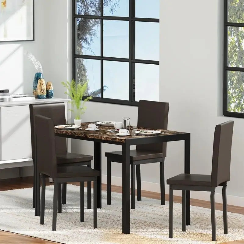 Ensemble de salle à manger de cuisine moderne 5 pièces en faux marbre avec 4 chaises en cuir PU rembourrées