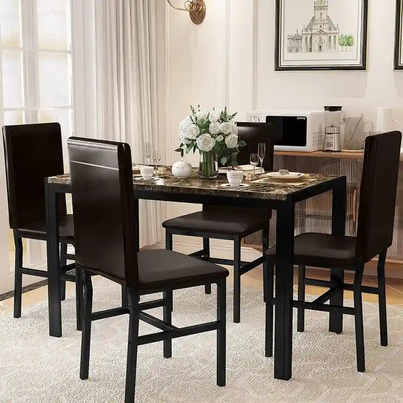 Ensemble de salle à manger de cuisine moderne 5 pièces en faux marbre avec 4 chaises en cuir PU rembourrées