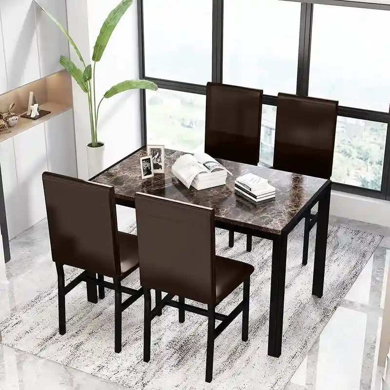 Ensemble de salle à manger de cuisine moderne 5 pièces en faux marbre avec 4 chaises en cuir PU rembourrées
