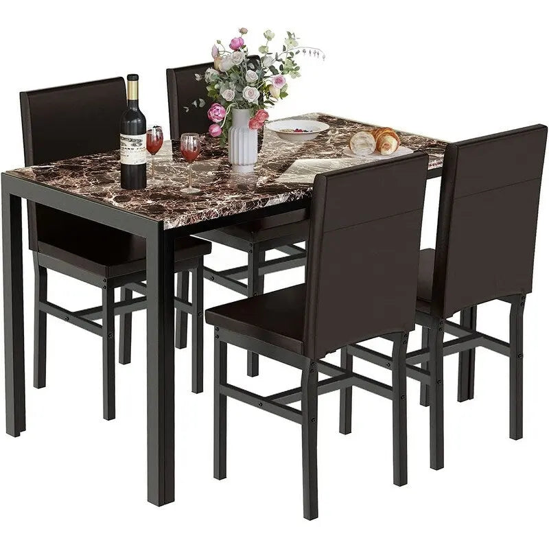 Ensemble de salle à manger de cuisine moderne 5 pièces en faux marbre avec 4 chaises en cuir PU rembourrées