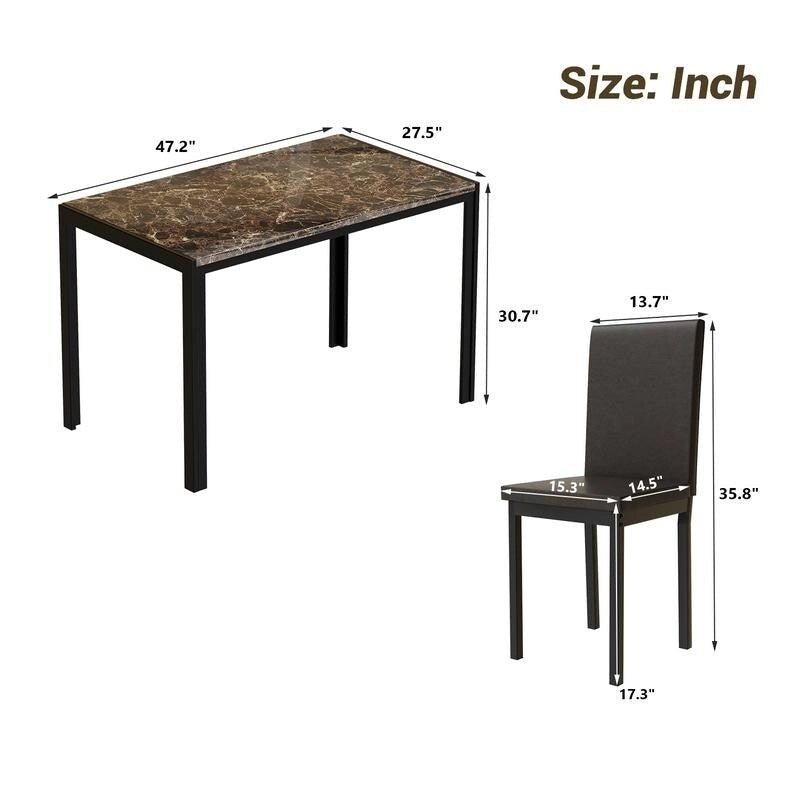 Ensemble de salle à manger de cuisine moderne 5 pièces en faux marbre avec 4 chaises en cuir PU rembourrées