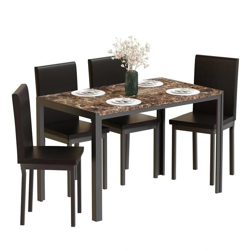 Ensemble de salle à manger de cuisine moderne 5 pièces en faux marbre avec 4 chaises en cuir PU rembourrées