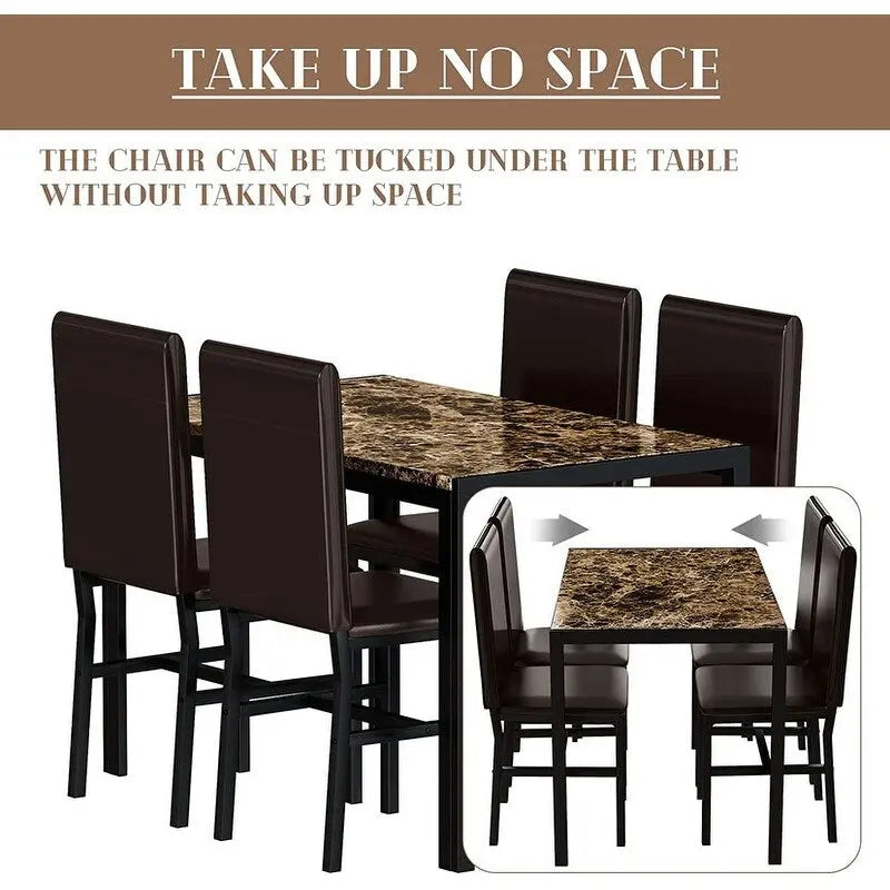 Ensemble de salle à manger de cuisine moderne 5 pièces en faux marbre avec 4 chaises en cuir PU rembourrées