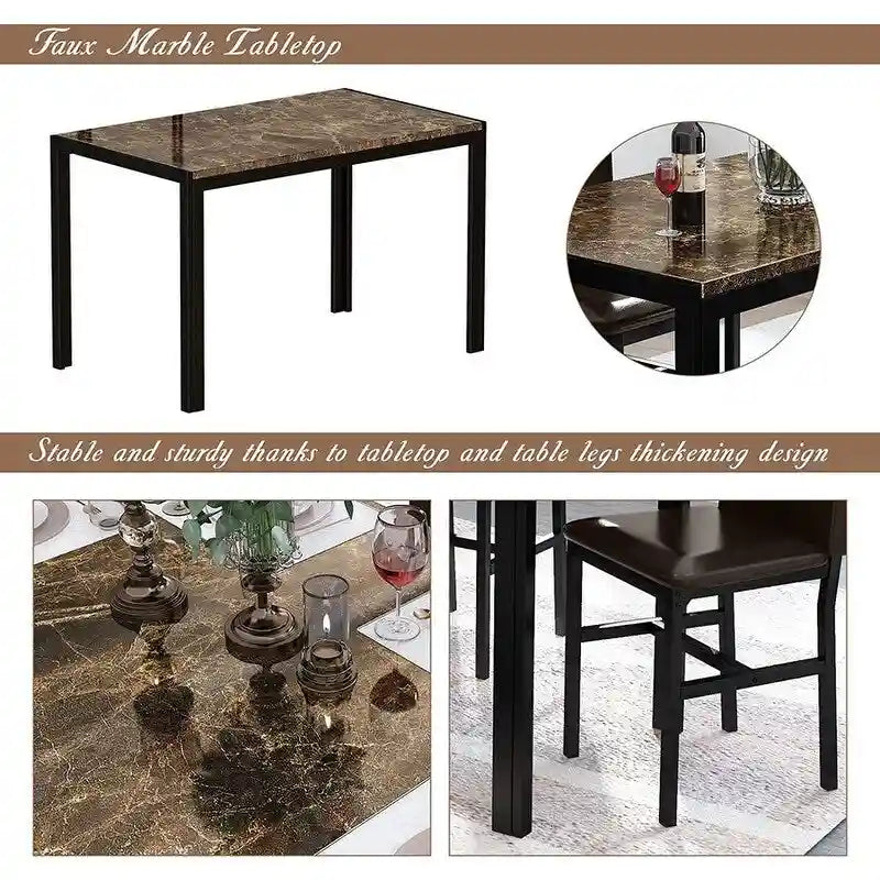 Ensemble de salle à manger de cuisine moderne 5 pièces en faux marbre avec 4 chaises en cuir PU rembourrées