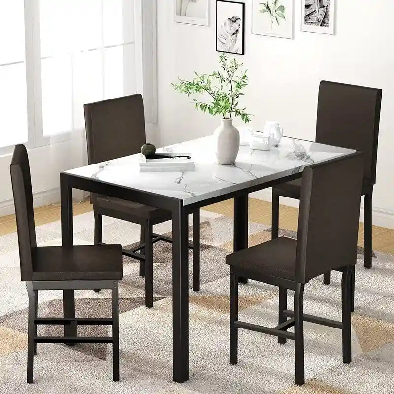 Ensemble de salle à manger de cuisine moderne 5 pièces en faux marbre avec 4 chaises en cuir PU rembourrées