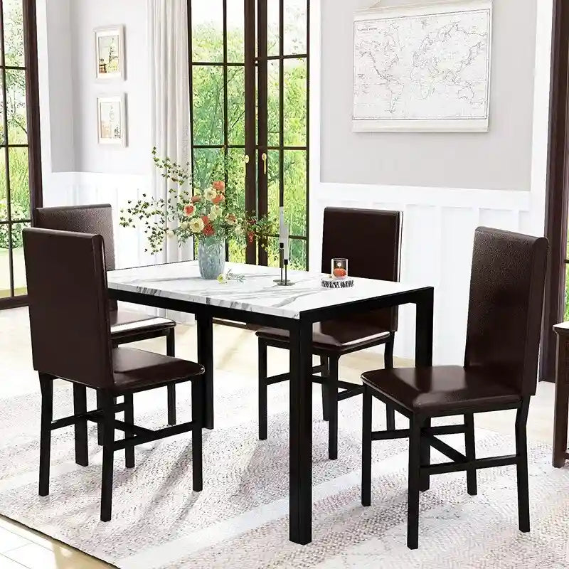 Ensemble de salle à manger de cuisine moderne 5 pièces en faux marbre avec 4 chaises en cuir PU rembourrées