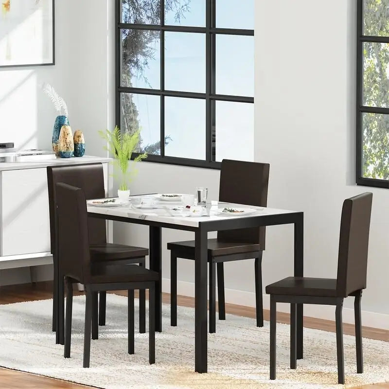 Ensemble de salle à manger de cuisine moderne 5 pièces en faux marbre avec 4 chaises en cuir PU rembourrées