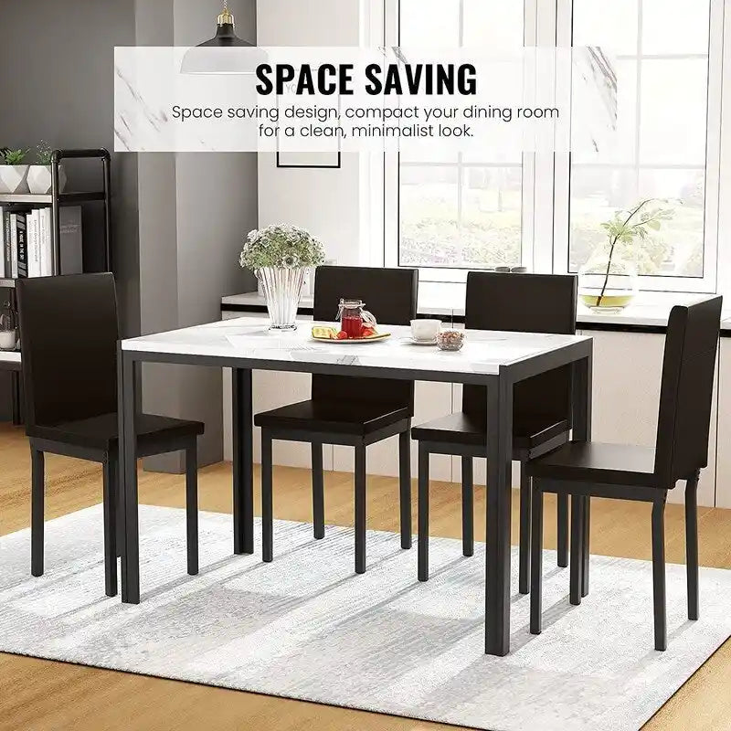 Ensemble de salle à manger de cuisine moderne 5 pièces en faux marbre avec 4 chaises en cuir PU rembourrées