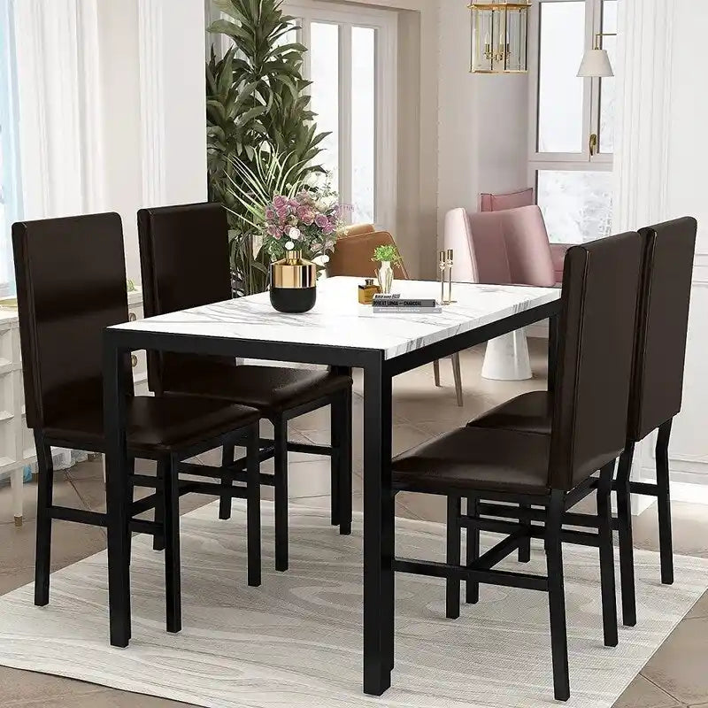 Ensemble de salle à manger de cuisine moderne 5 pièces en faux marbre avec 4 chaises en cuir PU rembourrées