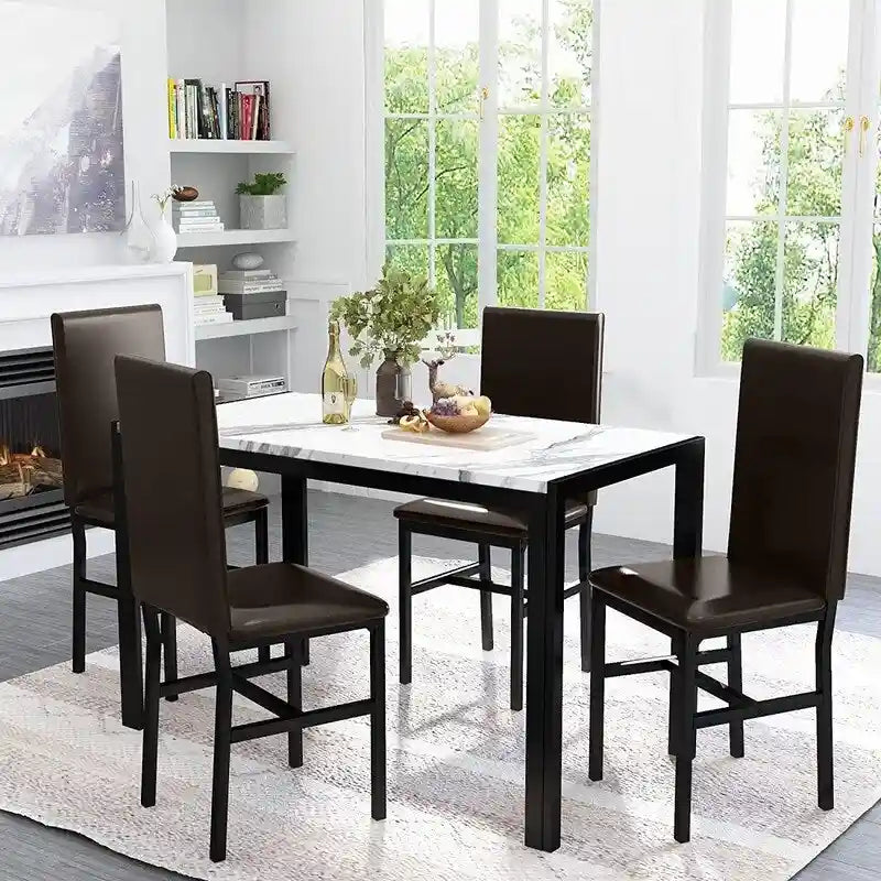 Ensemble de salle à manger de cuisine moderne 5 pièces en faux marbre avec 4 chaises en cuir PU rembourrées