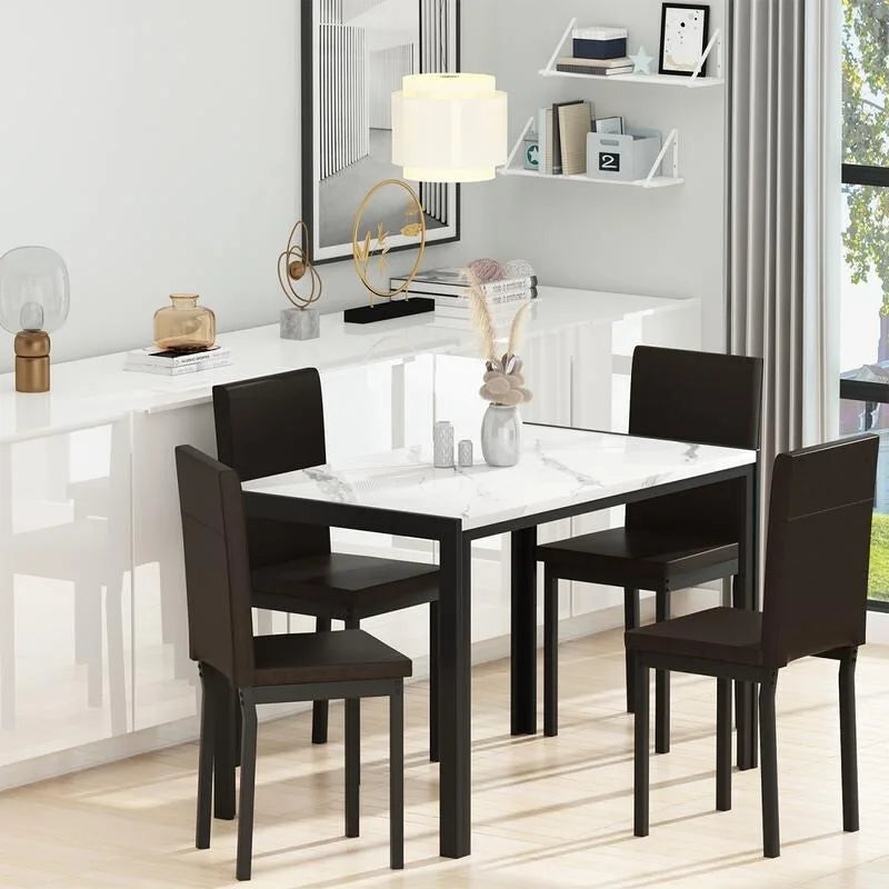 Ensemble de salle à manger de cuisine moderne 5 pièces en faux marbre avec 4 chaises en cuir PU rembourrées