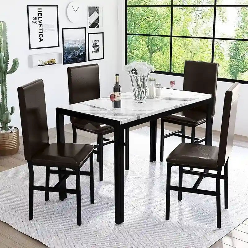 Ensemble de salle à manger de cuisine moderne 5 pièces en faux marbre avec 4 chaises en cuir PU rembourrées