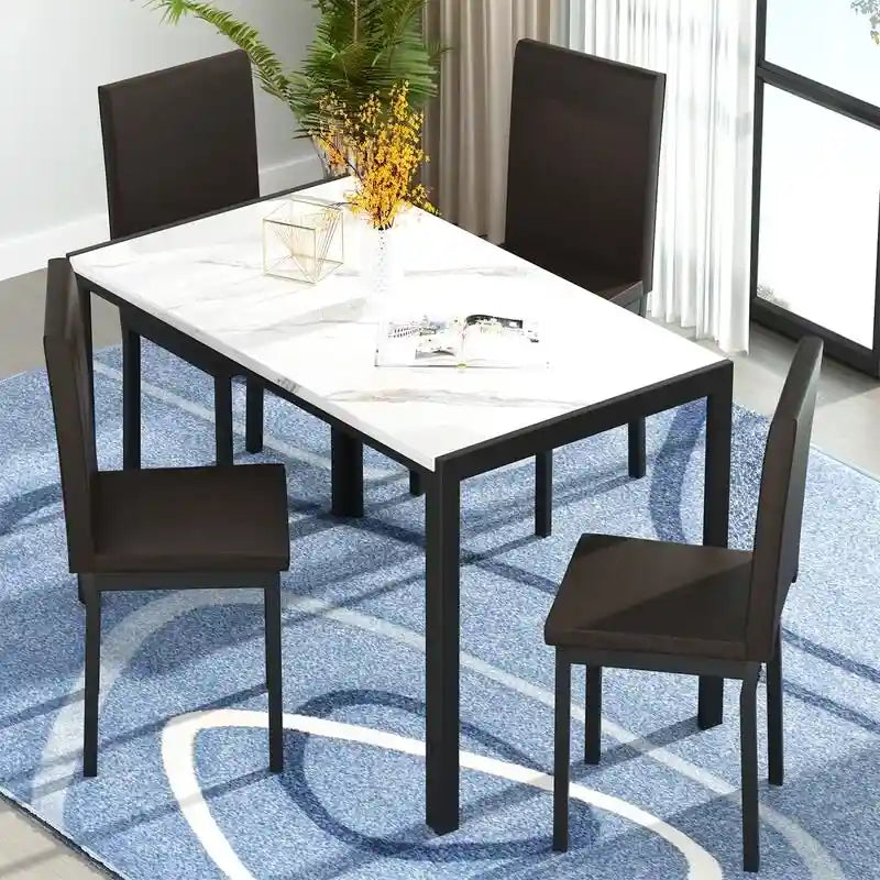 Ensemble de salle à manger de cuisine moderne 5 pièces en faux marbre avec 4 chaises en cuir PU rembourrées