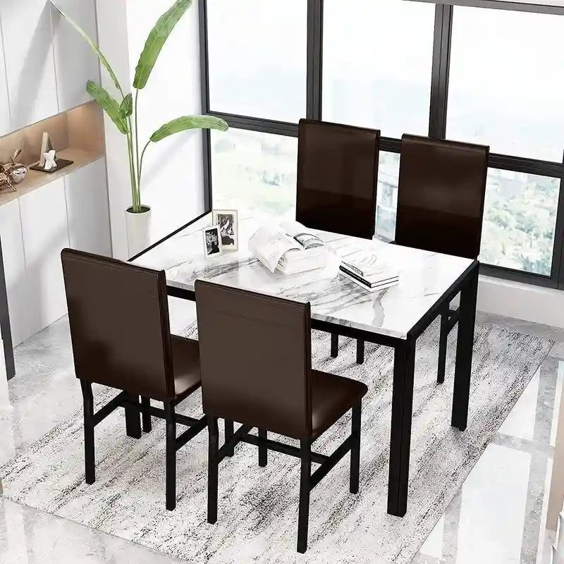 Ensemble de salle à manger de cuisine moderne 5 pièces en faux marbre avec 4 chaises en cuir PU rembourrées