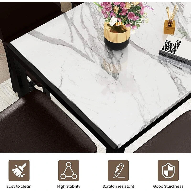 Ensemble de salle à manger de cuisine moderne 5 pièces en faux marbre avec 4 chaises en cuir PU rembourrées