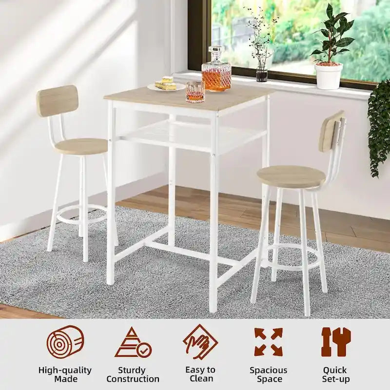 Ensemble table de bar 3 pièces avec étagère en métal, petit ensemble table de pub, ensemble de salle à manger