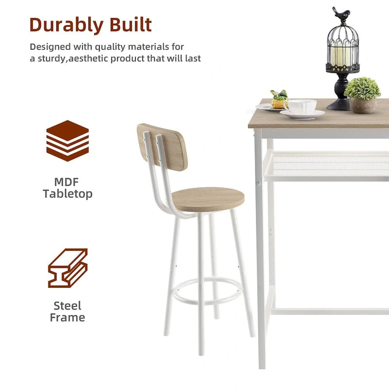 Ensemble table de bar 3 pièces avec étagère en métal, petit ensemble table de pub, ensemble de salle à manger