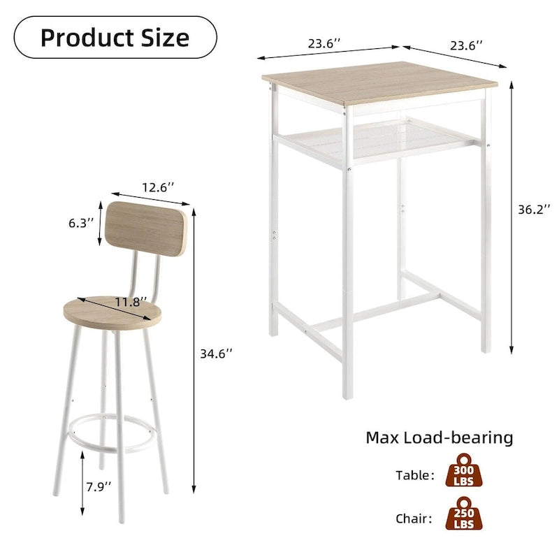 Ensemble table de bar 3 pièces avec étagère en métal, petit ensemble table de pub, ensemble de salle à manger