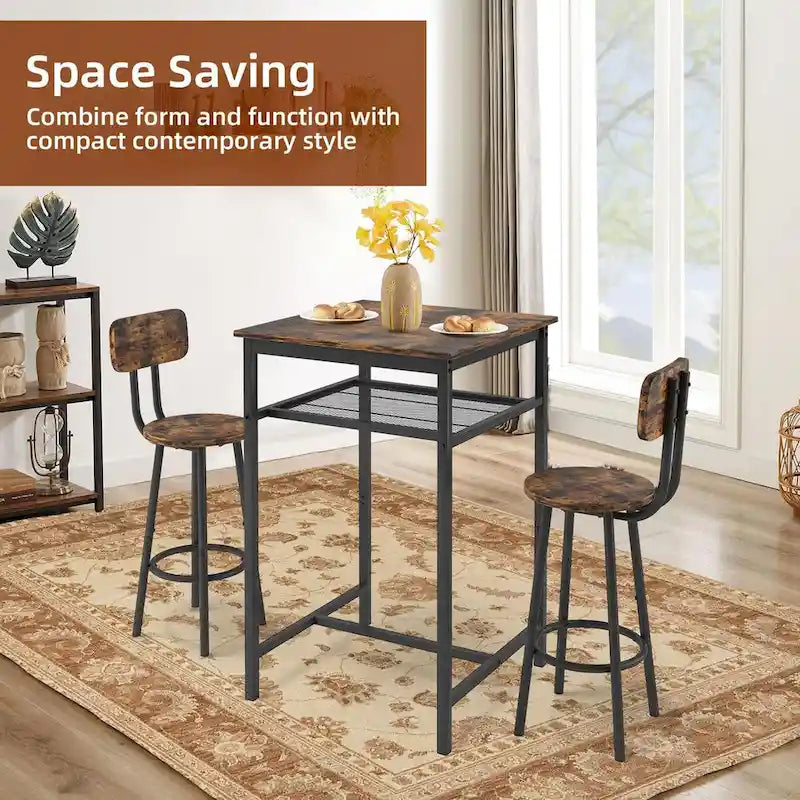 Ensemble table de bar 3 pièces avec étagère en métal, petit ensemble table de pub, ensemble de salle à manger
