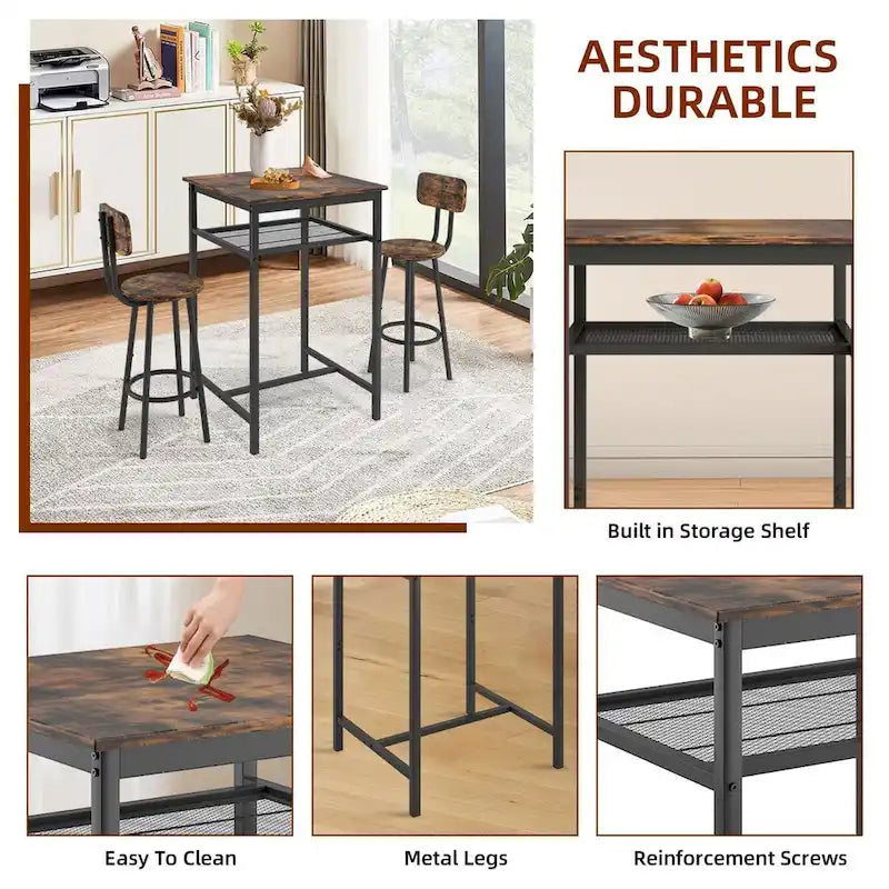 Ensemble table de bar 3 pièces avec étagère en métal, petit ensemble table de pub, ensemble de salle à manger