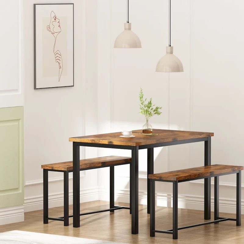 Ensemble de table et chaises de salle à manger 3 pièces style industriel, ensemble de cuisine rétro en bois avec 2 bancs pour la cuisine, la salle à manger ou le restaurant.