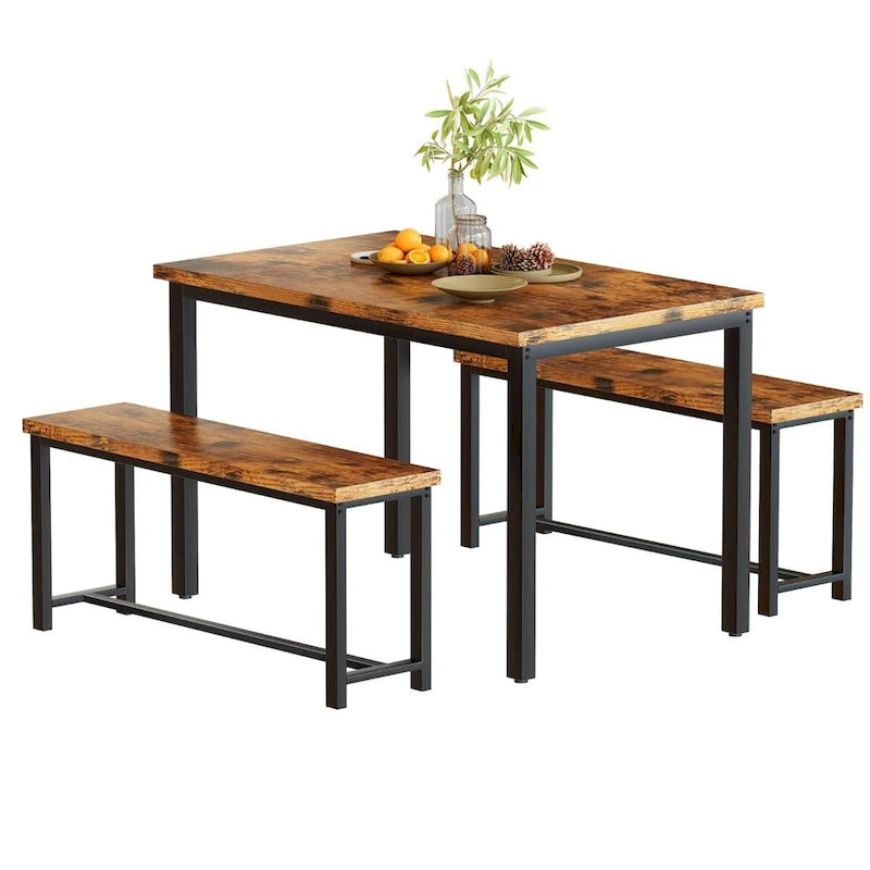 Ensemble de table et chaises de salle à manger 3 pièces style industriel, ensemble de cuisine rétro en bois avec 2 bancs pour la cuisine, la salle à manger ou le restaurant.