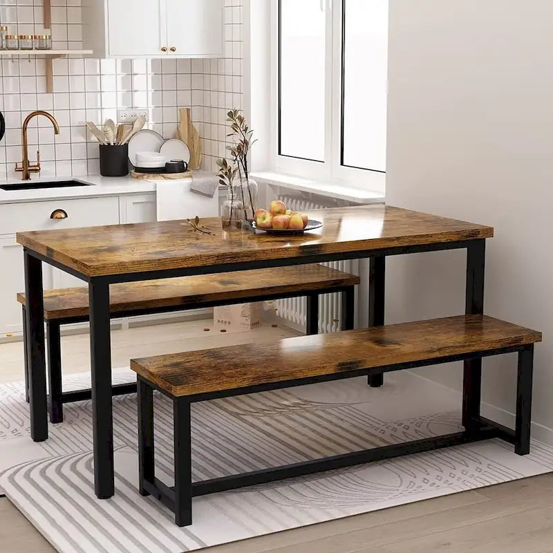 Ensemble de table et chaises de salle à manger 3 pièces style industriel, ensemble de cuisine rétro en bois avec 2 bancs pour la cuisine, la salle à manger ou le restaurant.