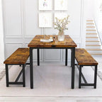 Ensemble de table et chaises de salle à manger 3 pièces style industriel, ensemble de cuisine rétro en bois avec 2 bancs pour la cuisine, la salle à manger ou le restaurant.