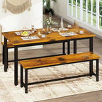 Ensemble de table et chaises de salle à manger 3 pièces style industriel, ensemble de cuisine rétro en bois avec 2 bancs pour la cuisine, la salle à manger ou le restaurant.
