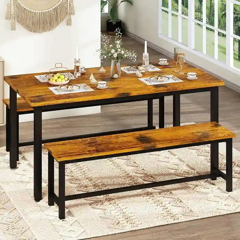 Ensemble de table et chaises de salle à manger 3 pièces style industriel, ensemble de cuisine rétro en bois avec 2 bancs pour la cuisine, la salle à manger ou le restaurant.