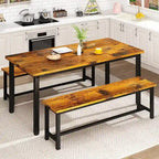 Ensemble de table et chaises de salle à manger 3 pièces style industriel, ensemble de cuisine rétro en bois avec 2 bancs pour la cuisine, la salle à manger ou le restaurant.