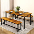 Ensemble de table et chaises de salle à manger 3 pièces style industriel, ensemble de cuisine rétro en bois avec 2 bancs pour la cuisine, la salle à manger ou le restaurant.