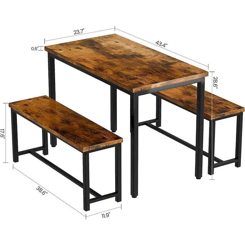 Ensemble de table et chaises de salle à manger 3 pièces style industriel, ensemble de cuisine rétro en bois avec 2 bancs pour la cuisine, la salle à manger ou le restaurant.