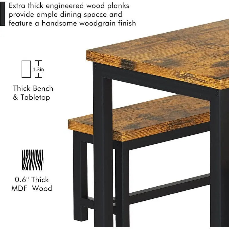 Ensemble de table et chaises de salle à manger 3 pièces style industriel, ensemble de cuisine rétro en bois avec 2 bancs pour la cuisine, la salle à manger ou le restaurant.