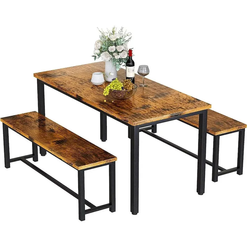 Ensemble de table et chaises de salle à manger 3 pièces style industriel, ensemble de cuisine rétro en bois avec 2 bancs pour la cuisine, la salle à manger ou le restaurant.