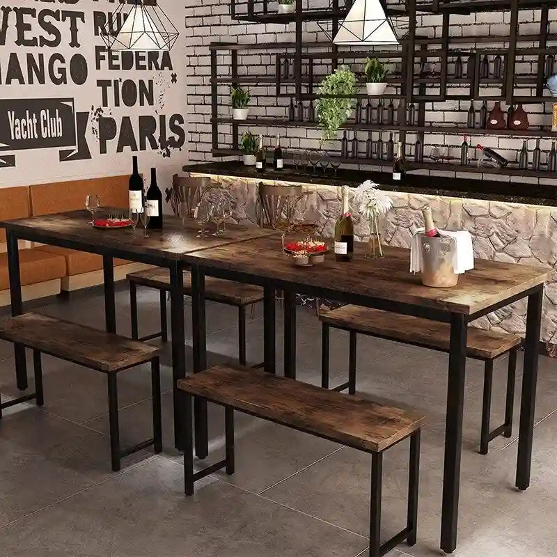 Ensemble de table et chaises de salle à manger 3 pièces style industriel, ensemble de cuisine rétro en bois avec 2 bancs pour la cuisine, la salle à manger ou le restaurant.