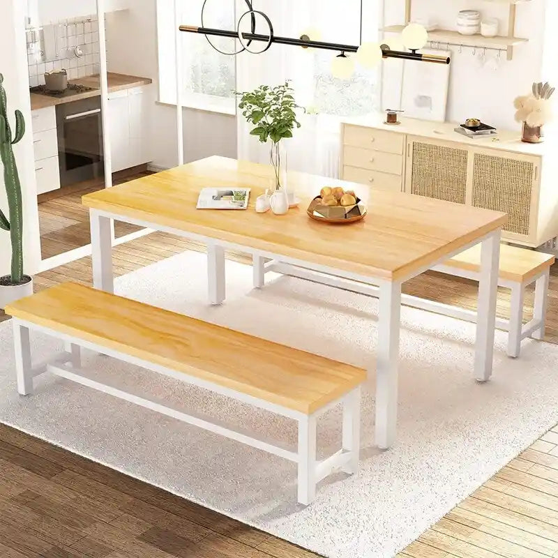 Ensemble de table et chaises de salle à manger 3 pièces style industriel, ensemble de cuisine rétro en bois avec 2 bancs pour la cuisine, la salle à manger ou le restaurant.